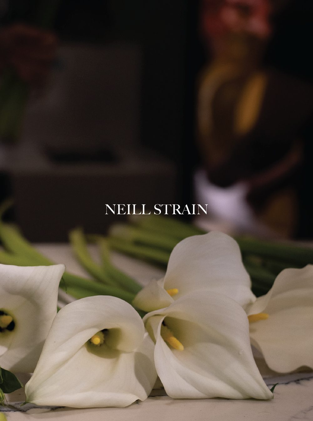 Close-up of white flowers, possibly orchids, with dark background and a blurred figurine or object in the distance. Neill Strain.