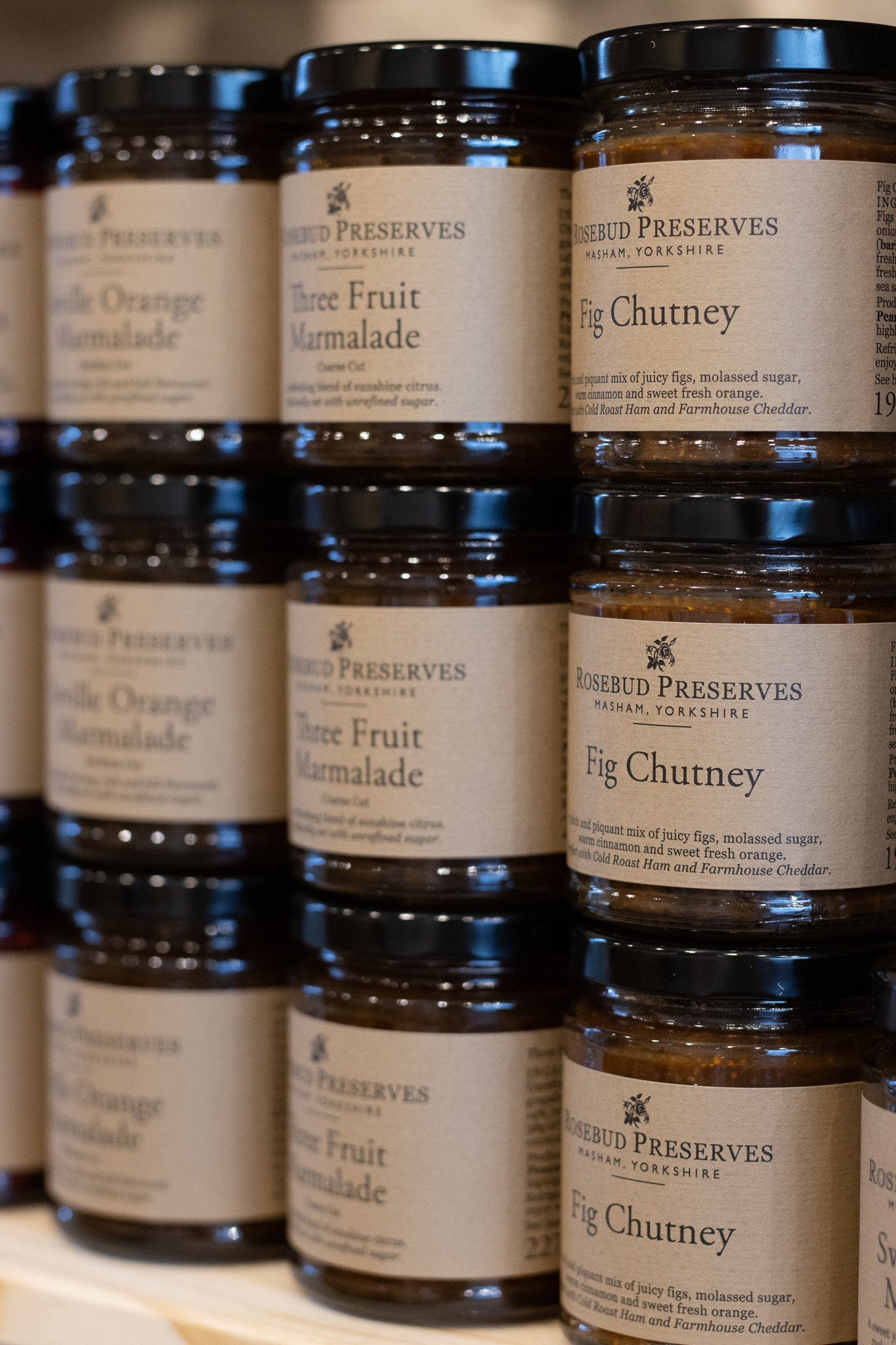 Jars of Fig Chutney from Rosebud Preserves, Masham, Yorkshire. The Cotswold Farm.