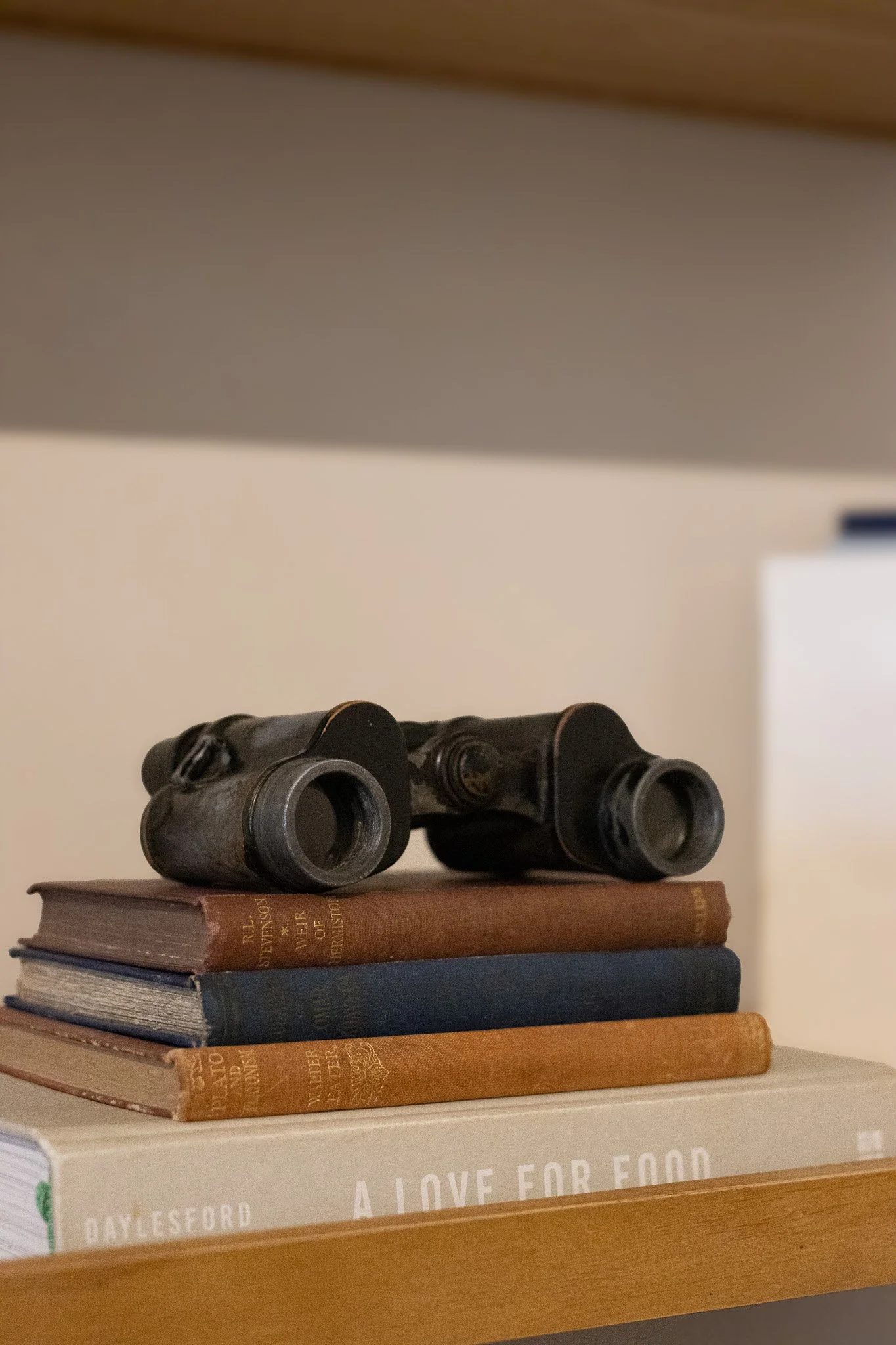Stack of three books with a pair of black binoculars on top, placed on a wooden surface. The New England Coffee House.