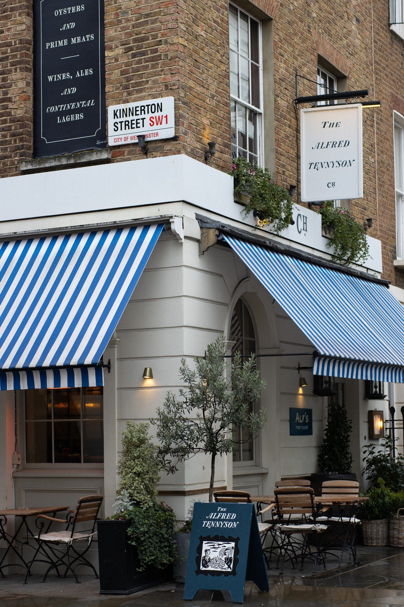 Outdoor seating area of a restaurant called The Alfred Tennyson with striped blue and white awnings, potted plants, and tables with chairs. Signs show it is located on Kinnerton Street SW1 in Westminster. Alfred Tennyson.