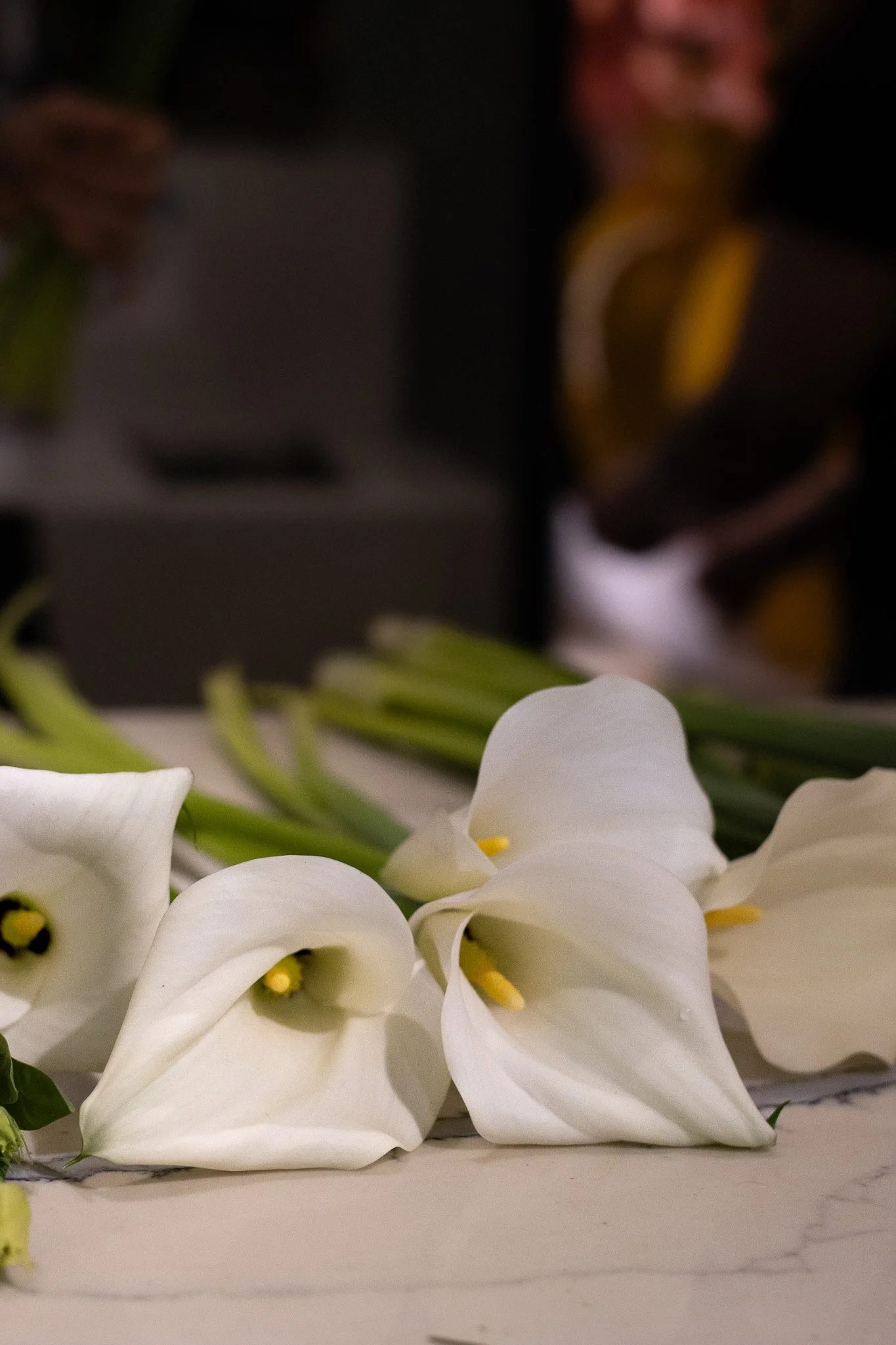 Close-up of white flowers with yellow stamens and green stems on a white marble surface. Neill Strain, Harrods, Motcomb Street.