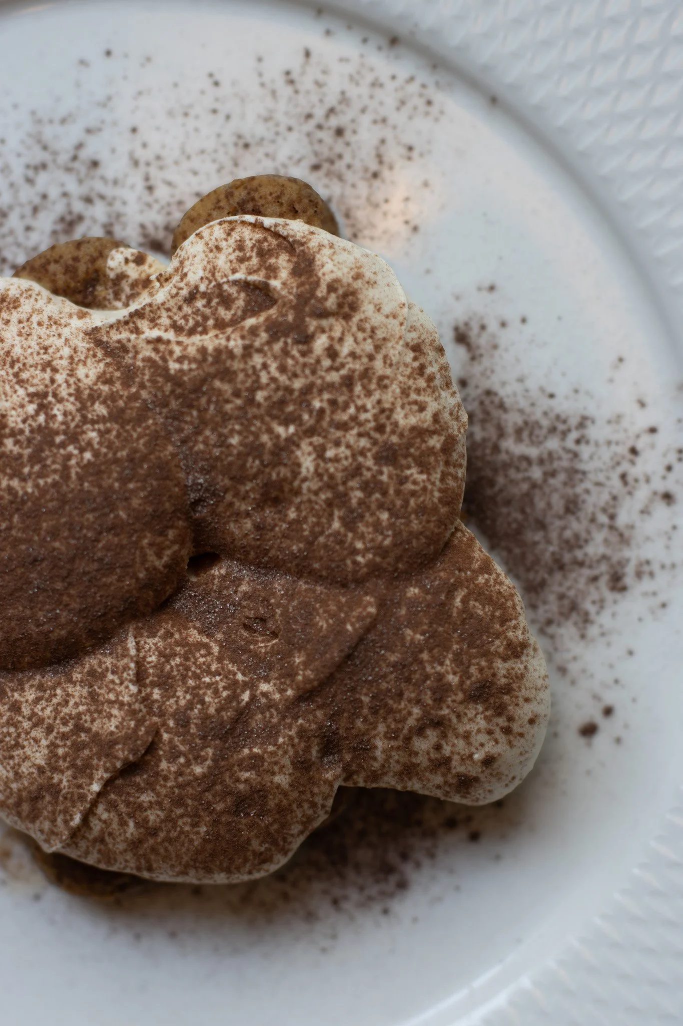 Close-up of a tiramisu with chocolate dusting on top, resting on a white textured plate. The Hari, Il Pampero.